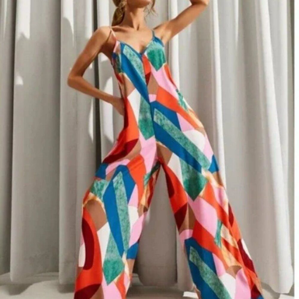 LUUKSE Boutique wide leg Multicolor Geometric Print Boho Jumpsuit Sz S NWOT